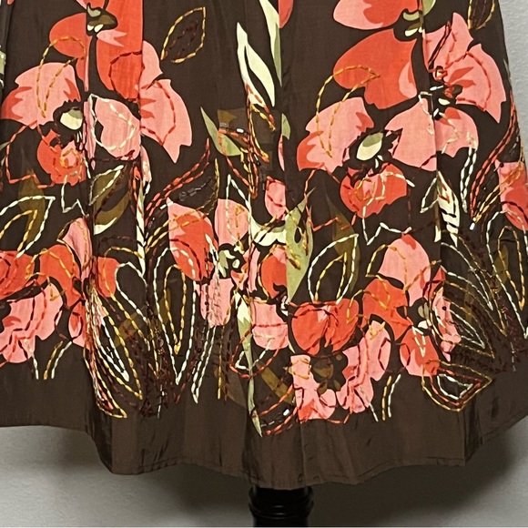 Talbots Skirt Women 2 Petite Brown Pink Floral Pleated Midi A Line Silk Blend - Picture 3 of 8